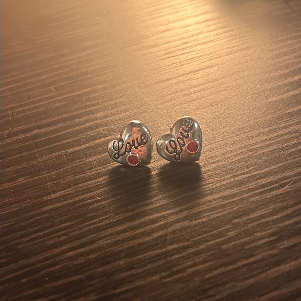 Silver Heart Earrings with Red Gemstone